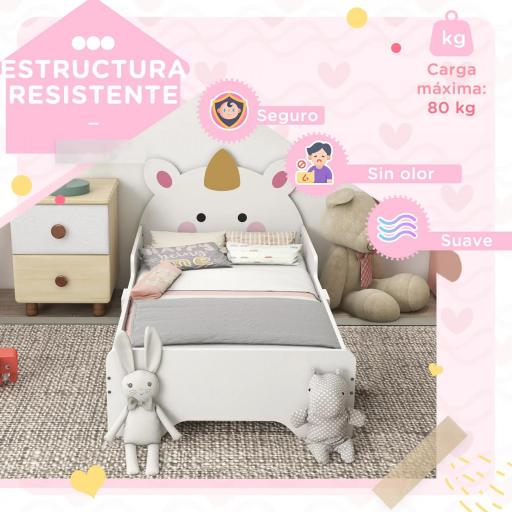 Cama Infantil de Madera 143x74x67 cm en Forma de Unicornio Mueble de Dormitorio Moderno Carga 80 kg Blanco  [8]