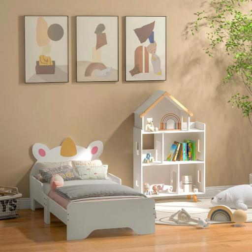 Cama Infantil de Madera 143x74x67 cm en Forma de Unicornio Mueble de Dormitorio Moderno Carga 80 kg Blanco  [3]