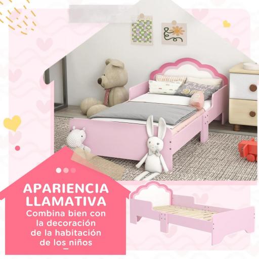 Cama Infantil 70x140 cm con Barrera Anticaídas y Somier Cabecero en Forma de Nube Rosa [1]