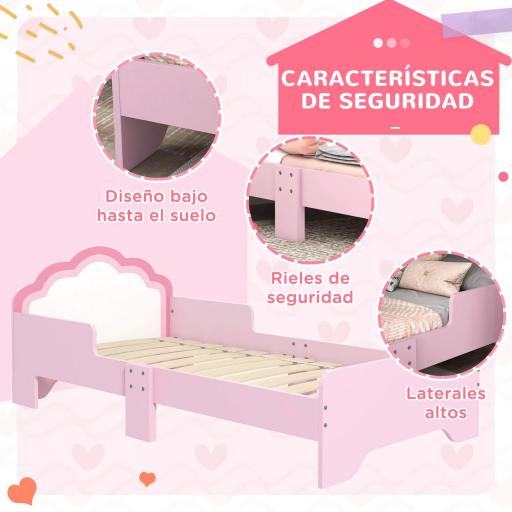 Cama Infantil 70x140 cm con Barrera Anticaídas y Somier Cabecero en Forma de Nube Rosa [3]