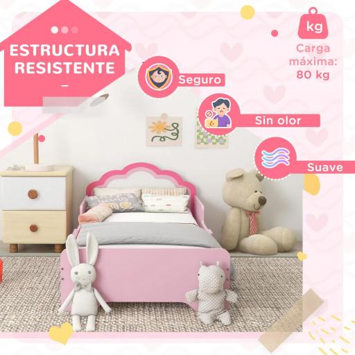 Cama Infantil 70x140 cm con Barrera Anticaídas y Somier Cabecero en Forma de Nube Rosa [4]