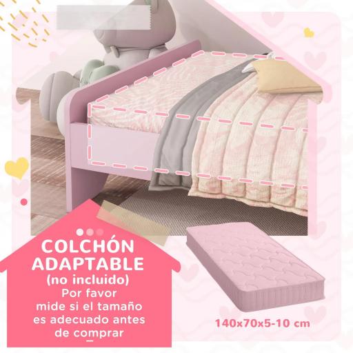 Cama Infantil 70x140 cm con Barrera Anticaídas y Somier Cabecero en Forma de Nube Rosa [2]