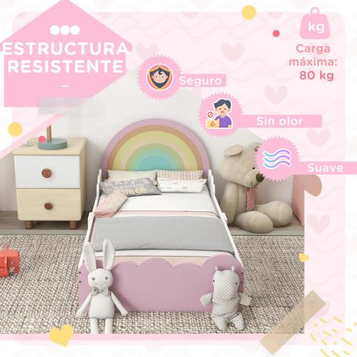 Cama Infantil de Madera 143x74x66 cm en Forma de Arcoíris Mueble de Dormitorio Moderno Carga 80 kg Rosa [3]