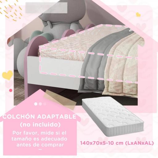 Cama Infantil de Madera 143x74x66 cm en Forma de Arcoíris Mueble de Dormitorio Moderno Carga 80 kg Rosa [4]