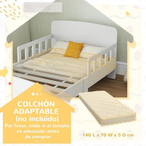 Cama infantil 70x140 cm cama para niños con barrera anticaídas y somier para niños y niñas de 3-8 años blanco [3]