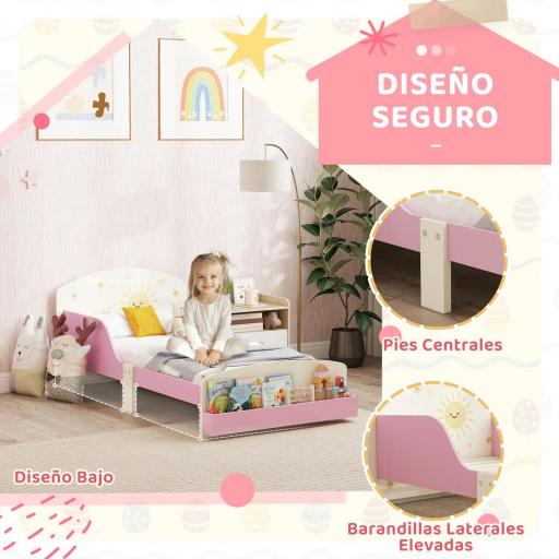 Cama infantil para Niños de +3 Años 70x140 cm de Madera con Almacenaje y Dibujos de Estrellas para Dormitorio Rosa [1]