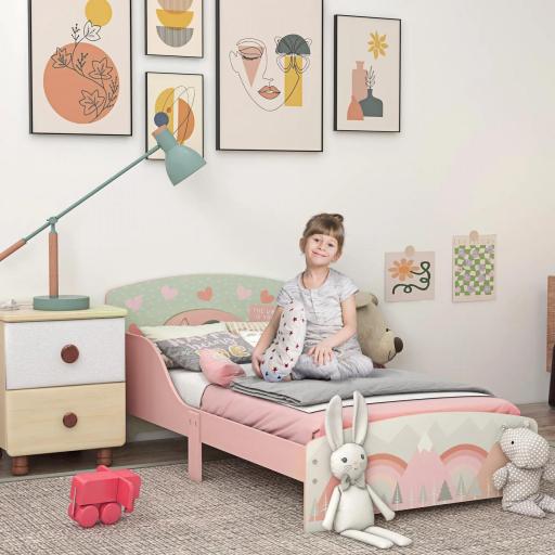Cama para Niños 143x77x60 cm Cama Infantil de 3-6 Años con Barreras de Protección y Estampados Carga Máx. 40 kg Rosa