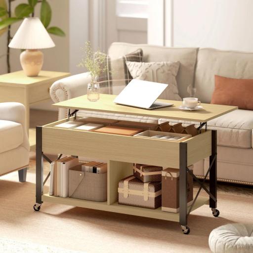 Mesa de Centro Elevable con Ruedas Mesa de Salón con Compartimento Oculto Estantes Abiertos Madera Natural y Blanco [7]