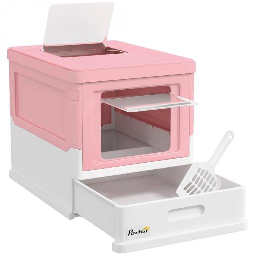Arenero Cubierto para Gatos Desmontable con Entrada Frontal y Salida Superior con Pala 47,5x35,5x36,7 cm Rosa y Blanco [8]