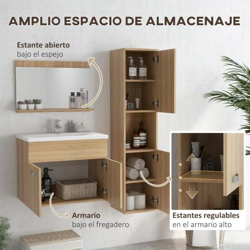 Conjunto de Muebles de Baño de Pared 3 Piezas Incluye Espejo Armario con Lavabo Cerámico y Columna de Baño Natural [4]