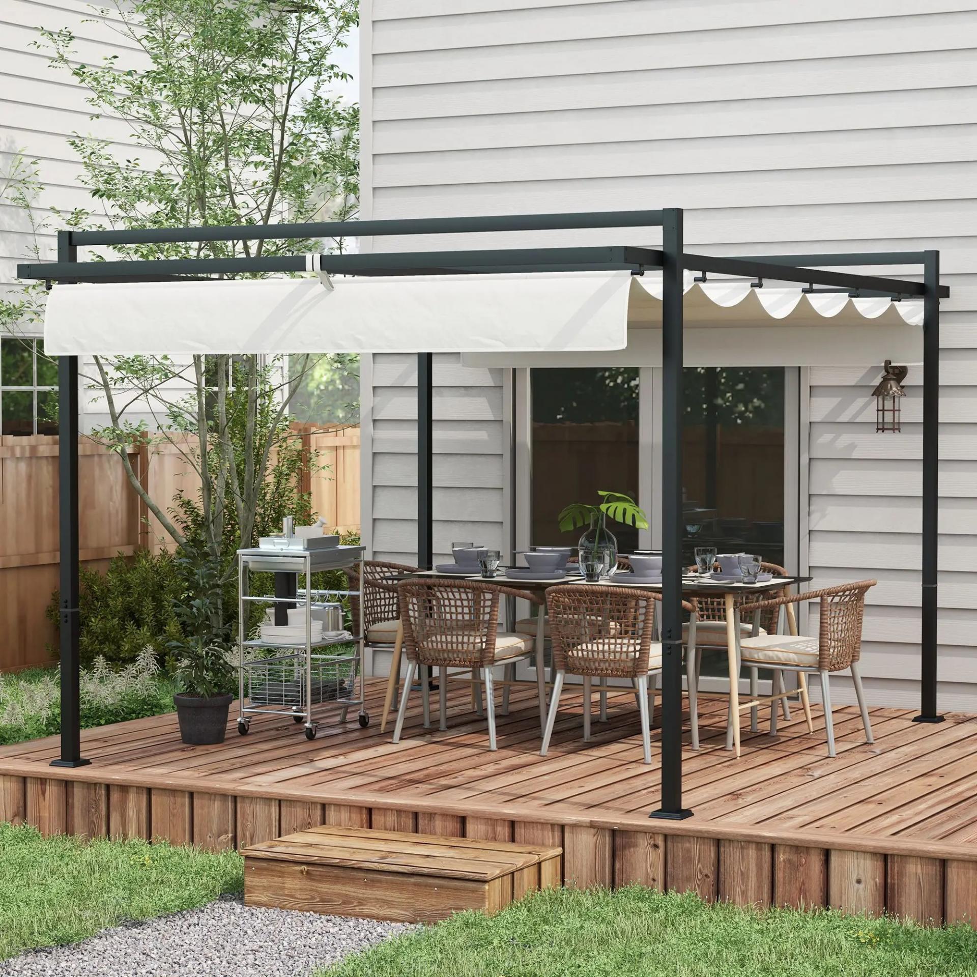 Cenador de Jardín 3x4 m con Techo Retráctil de Poliéster y 12 Orificios de Drenaje Pérgola para Terraza Blanco y Gris
