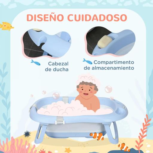 Bañera Bebé Plegable con Cojín Almohadillas Antideslizantes Orificio de Drenaje y Agujero de Ducha 83x48x23,5cm Azul [4]