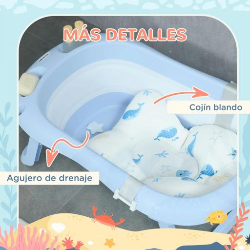 Bañera Bebé Plegable con Cojín Almohadillas Antideslizantes Orificio de Drenaje y Agujero de Ducha 83x48x23,5cm Azul [5]