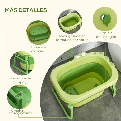 Bañera Plegable para Bebé Bañera Portátil para Niños con Patas Antideslizantes 75,3x55,4x43 cm Verde [3]