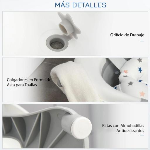 Bañera Plegable para Bebé Recién Nacido hasta 3 Años 81,5x50,5x23,5 cm con Tapón Termosensible Cojín Gris [6]