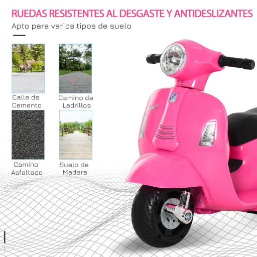 Moto Eléctrica Vespa para Niños de 18-36 Meses Moto de Batería 6V con Faro Bocina y 4 Ruedas 66,5x38x52 cm Rosa [3]