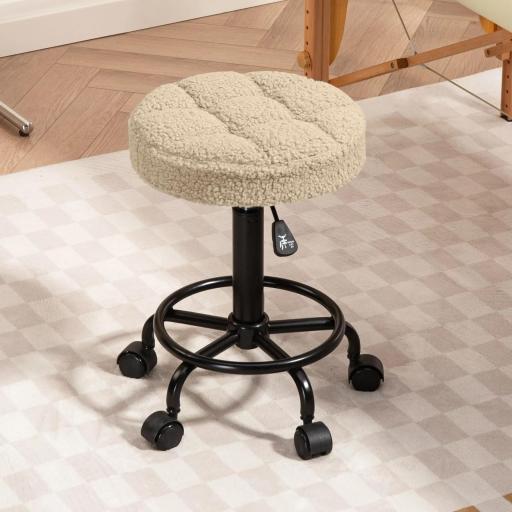 Taburete Giratorio Redondo Taburete con Ruedas Altura Regulable 50-66 cm Asiento Tapizado en Tejido de Borreguito Marrón [3]