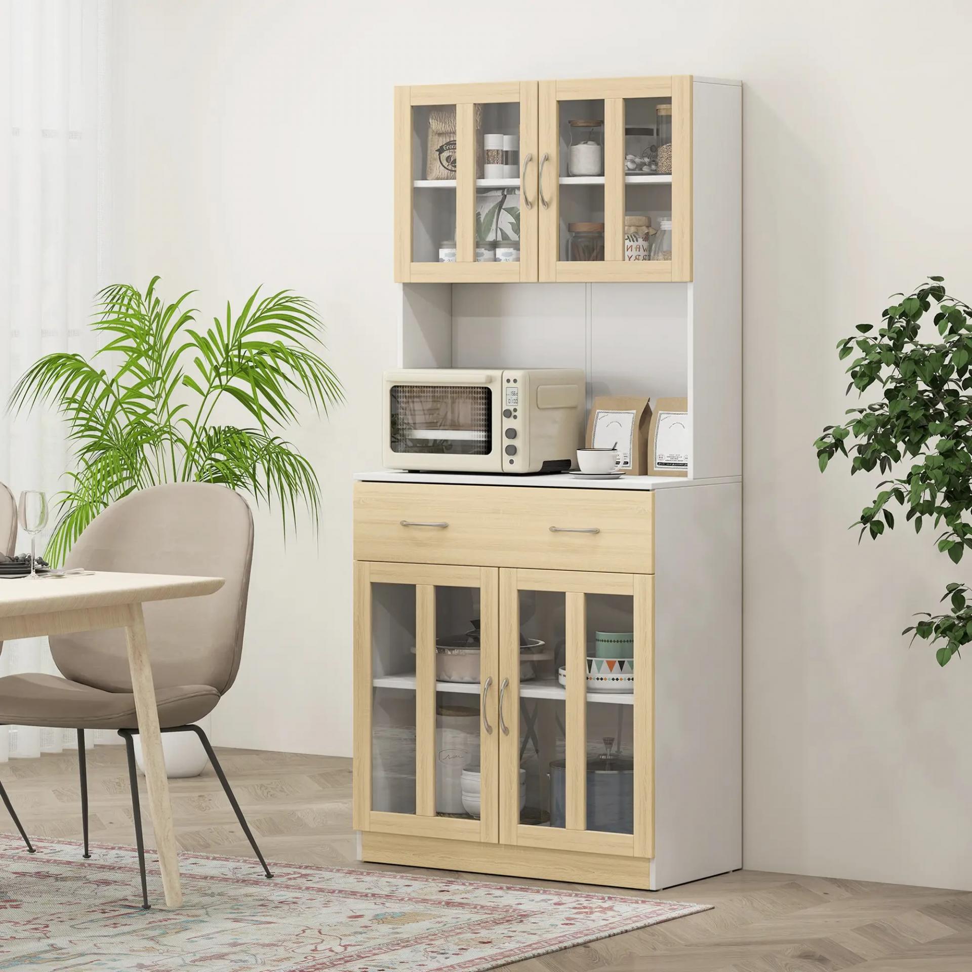 Alacena de Cocina con 4 Puertas de Vidrio Encimera Abierta Cajón Estantes Ajustables 80x40x180 cm Blanco y Natural