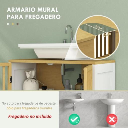 Armario de Baño Bajo Lavabo de Bambú con Puerta Doble y Estante Ajustable Carga 30 kg 60x30x70 cm Natural y Blanco [2]