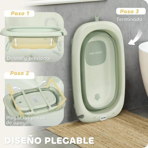 Bañera Plegable Bebé con Cojín de Baño Soporte con Botón Orificio de Drenaje y de Ducha Repisa Gancho Verde [1]