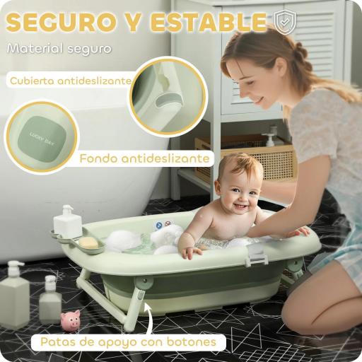 Bañera Plegable Bebé con Cojín de Baño Soporte con Botón Orificio de Drenaje y de Ducha Repisa Gancho Verde [6]