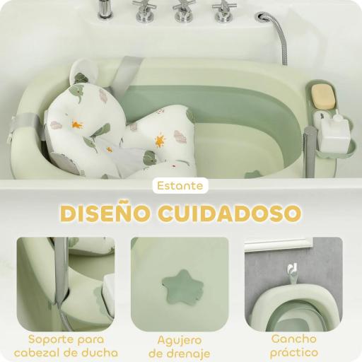 Bañera Plegable Bebé con Cojín de Baño Soporte con Botón Orificio de Drenaje y de Ducha Repisa Gancho Verde [3]