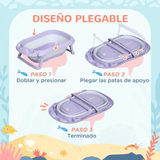Bañera Bebé Plegable con Cojín Almohadillas Antideslizantes Orificio de Drenaje y Agujero de Ducha 83x48x23,5cm Púrpura [2]