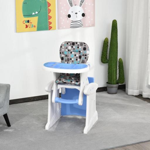Trona para Bebés 2 en 1 para 6 Meses a 6 Años Transformable en Mesa y Silla Multifuncional Ajustable en 3 Posiciones Respaldo Alto Acolchado con 2 Bandejas Extraíbles 57x59x105 cm Azul