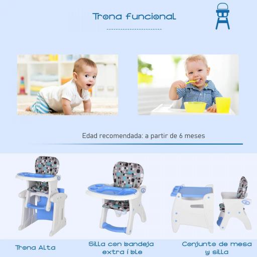 Trona para Bebés 2 en 1 para 6 Meses a 6 Años Transformable en Mesa y Silla Multifuncional Ajustable en 3 Posiciones Respaldo Alto Acolchado con 2 Bandejas Extraíbles 57x59x105 cm Azul [3]