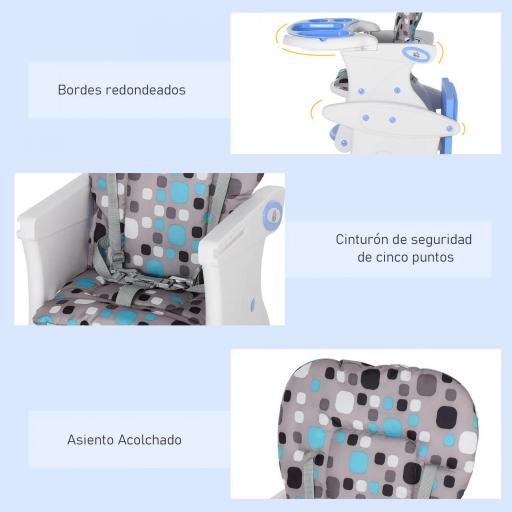 Trona para Bebés 2 en 1 para 6 Meses a 6 Años Transformable en Mesa y Silla Multifuncional Ajustable en 3 Posiciones Respaldo Alto Acolchado con 2 Bandejas Extraíbles 57x59x105 cm Azul [6]