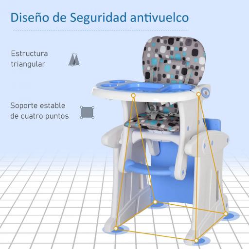 Trona para Bebés 2 en 1 para 6 Meses a 6 Años Transformable en Mesa y Silla Multifuncional Ajustable en 3 Posiciones Respaldo Alto Acolchado con 2 Bandejas Extraíbles 57x59x105 cm Azul [7]