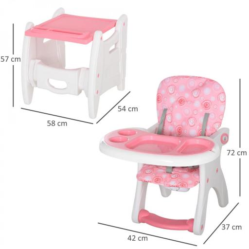Trona para Bebés 2 en 1 para 6 Meses a 6 Años Transformable en Mesa y Silla Multifuncional Ajustable en 3 Posiciones Respaldo Alto Acolchado con 2 Bandejas Extraíbles 57x59x105 cm Rosa [1]