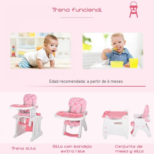 Trona para Bebés 2 en 1 para 6 Meses a 6 Años Transformable en Mesa y Silla Multifuncional Ajustable en 3 Posiciones Respaldo Alto Acolchado con 2 Bandejas Extraíbles 57x59x105 cm Rosa [2]