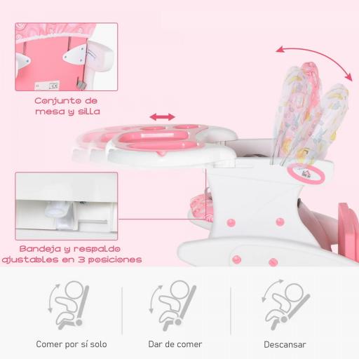 Trona para Bebés 2 en 1 para 6 Meses a 6 Años Transformable en Mesa y Silla Multifuncional Ajustable en 3 Posiciones Respaldo Alto Acolchado con 2 Bandejas Extraíbles 57x59x105 cm Rosa [4]