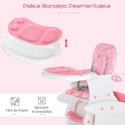 Trona para Bebés 2 en 1 para 6 Meses a 6 Años Transformable en Mesa y Silla Multifuncional Ajustable en 3 Posiciones Respaldo Alto Acolchado con 2 Bandejas Extraíbles 57x59x105 cm Rosa [6]