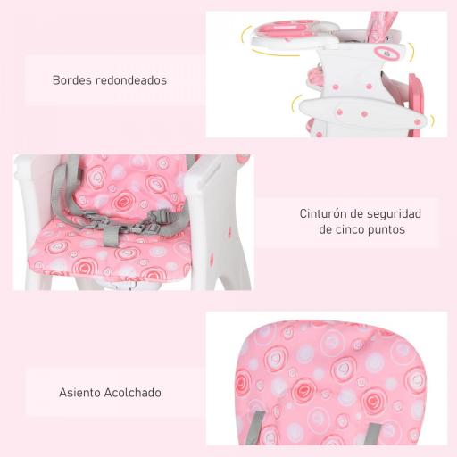 Trona para Bebés 2 en 1 para 6 Meses a 6 Años Transformable en Mesa y Silla Multifuncional Ajustable en 3 Posiciones Respaldo Alto Acolchado con 2 Bandejas Extraíbles 57x59x105 cm Rosa [3]
