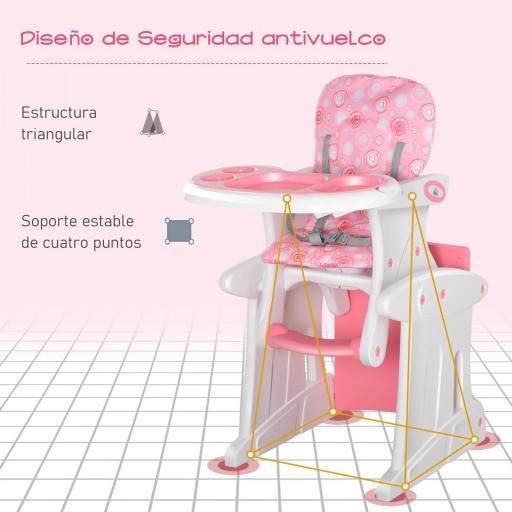 Trona para Bebés 2 en 1 para 6 Meses a 6 Años Transformable en Mesa y Silla Multifuncional Ajustable en 3 Posiciones Respaldo Alto Acolchado con 2 Bandejas Extraíbles 57x59x105 cm Rosa [5]