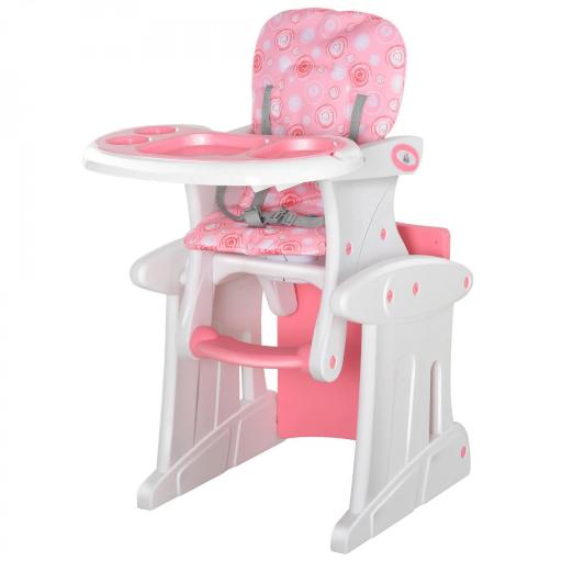 Trona para Bebés 2 en 1 para 6 Meses a 6 Años Transformable en Mesa y Silla Multifuncional Ajustable en 3 Posiciones Respaldo Alto Acolchado con 2 Bandejas Extraíbles 57x59x105 cm Rosa [9]
