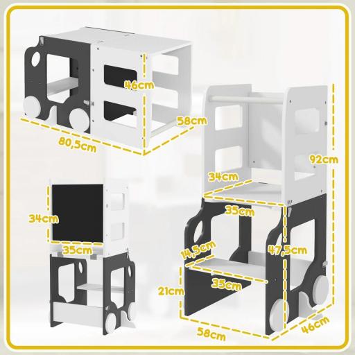 Torre de Aprendizaje Taburete Infantil con Pizarra Convertible en Mesa y Silla con Diseño de Coche Blanco y Gris [3]