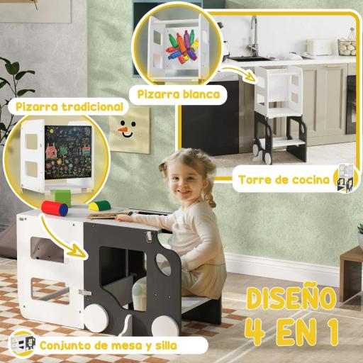 Torre de Aprendizaje Taburete Infantil con Pizarra Convertible en Mesa y Silla con Diseño de Coche Blanco y Gris [5]