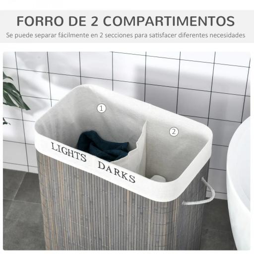 Cesto para Ropa Sucia de Bambú Capacidad de 100L con Tapa Extraíble Bolsa de 2 Compartimentos 52x32x63 cm Gris [3]
