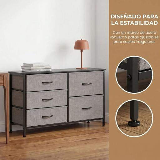 Cómoda con 5 Cajones de Tela Cómoda para Dormitorio Marco de Acero Cajonera para Salón Oficina Gris Oscuro y Negro [6]