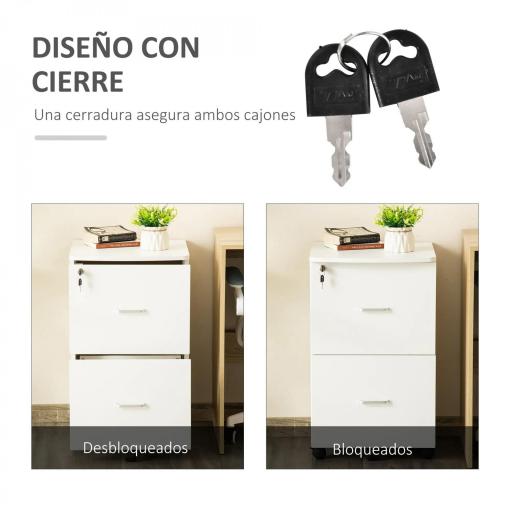 Cajonera de Oficina Mueble Auxiliar con 2 Cajones Cierre con Llave para Estudio Despacho 43x45x72 cm Blanco [2]