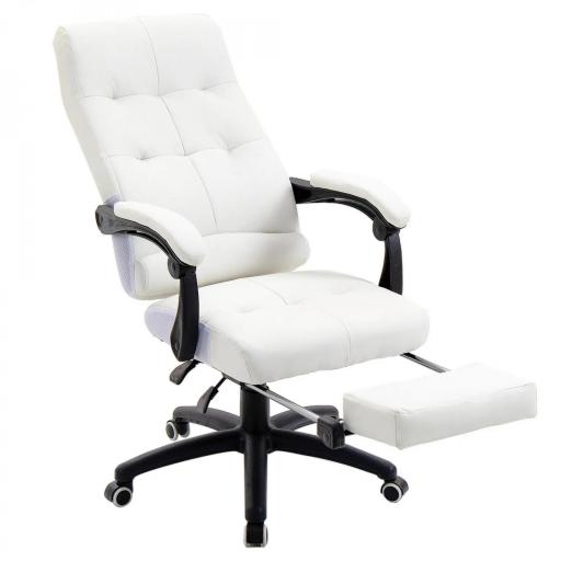 Silla de Oficina Giratoria Silla de Escritorio Reclinable Silla de Estudio Tapizada de PU con Altura Ajustable Reposabrazos Reposapiés 65x65x118-125 cm Blanco [8]