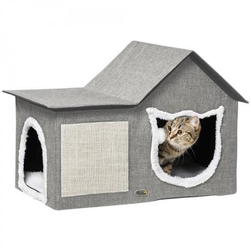 Caseta para Gatos Casa para Gatos Interior con Almohadilla para Rascar Cojín Suave y Bola Colgante 65x41x45,5 cm Gris [7]