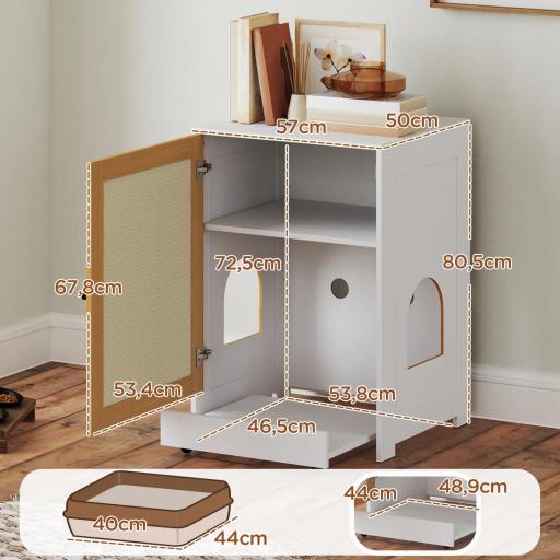 Mueble Arenero para Gatos con Bandeja Extraíble Compartimentos y Tapete para Rascar 57x50x80,5 cm Blanco y Roble [4]