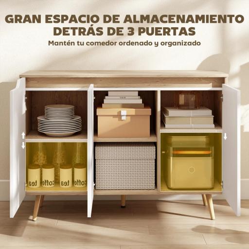 Aparador de Salón con 3 Puertas Estantes Ajustables Patas de Madera para Cocina Entrada 107x35x76,5 cm Roble y Blanco [5]