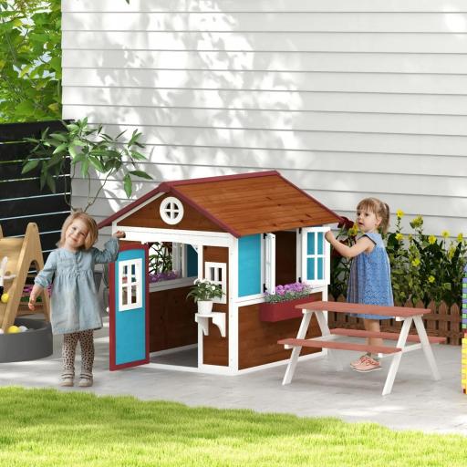 Casita de Madera Infantil con Puerta Ventanas Jardineras y Repisas con Detalles de Color 114x126,4x135 cm Marrón Oscuro [7]