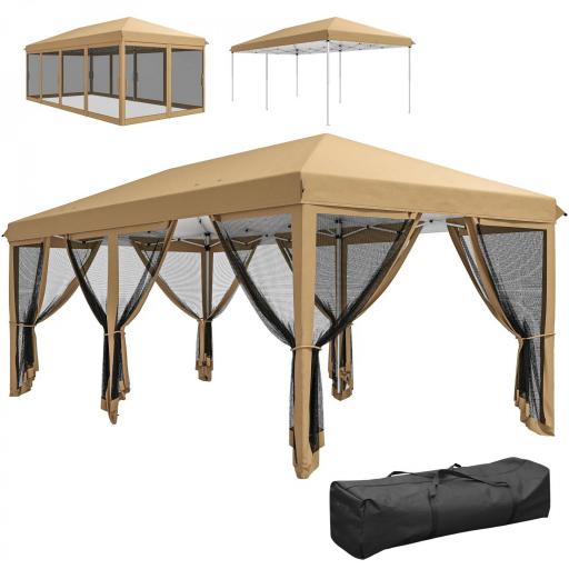 Carpa Plegable 6x3 m Cenador de Jardín con 6 Mosquiteras Bolsa de Transporte y Marco de Acero para Camping Fiestas Beige [8]