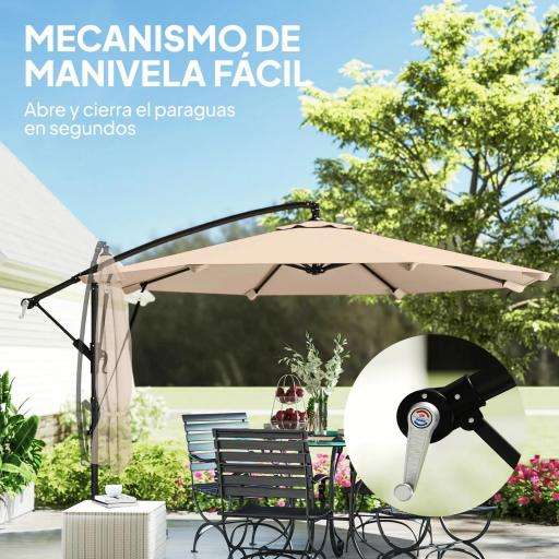 Parasol Excéntrico Ø300 cm con Base Cruzada Manivela Funda Protectora y Cuerdas de Viento UPF30+ Caqui [4]
